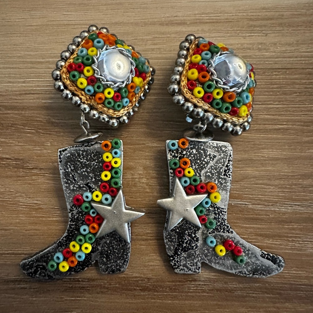 Cowboy Boot Dangle Clip On Earrings Handcrafted